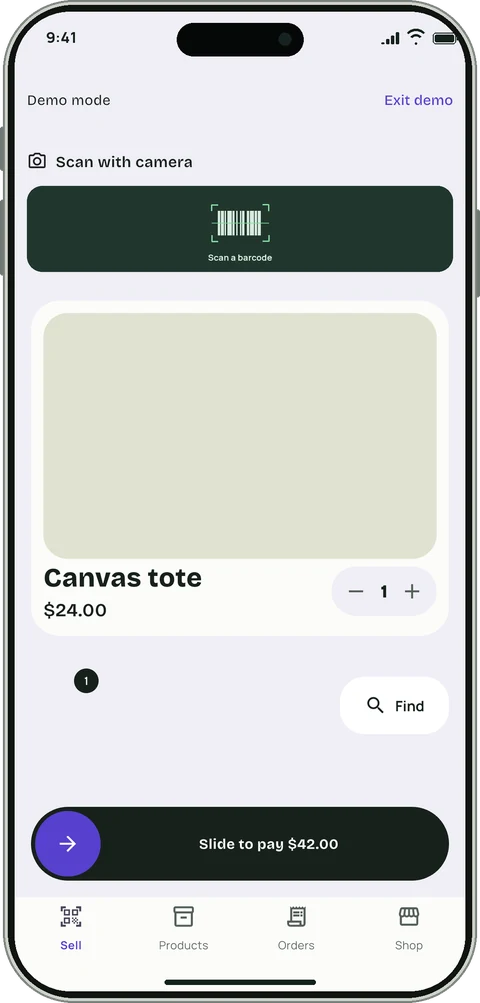 Spotlight counter with a large product card and a slide-to-pay bar.