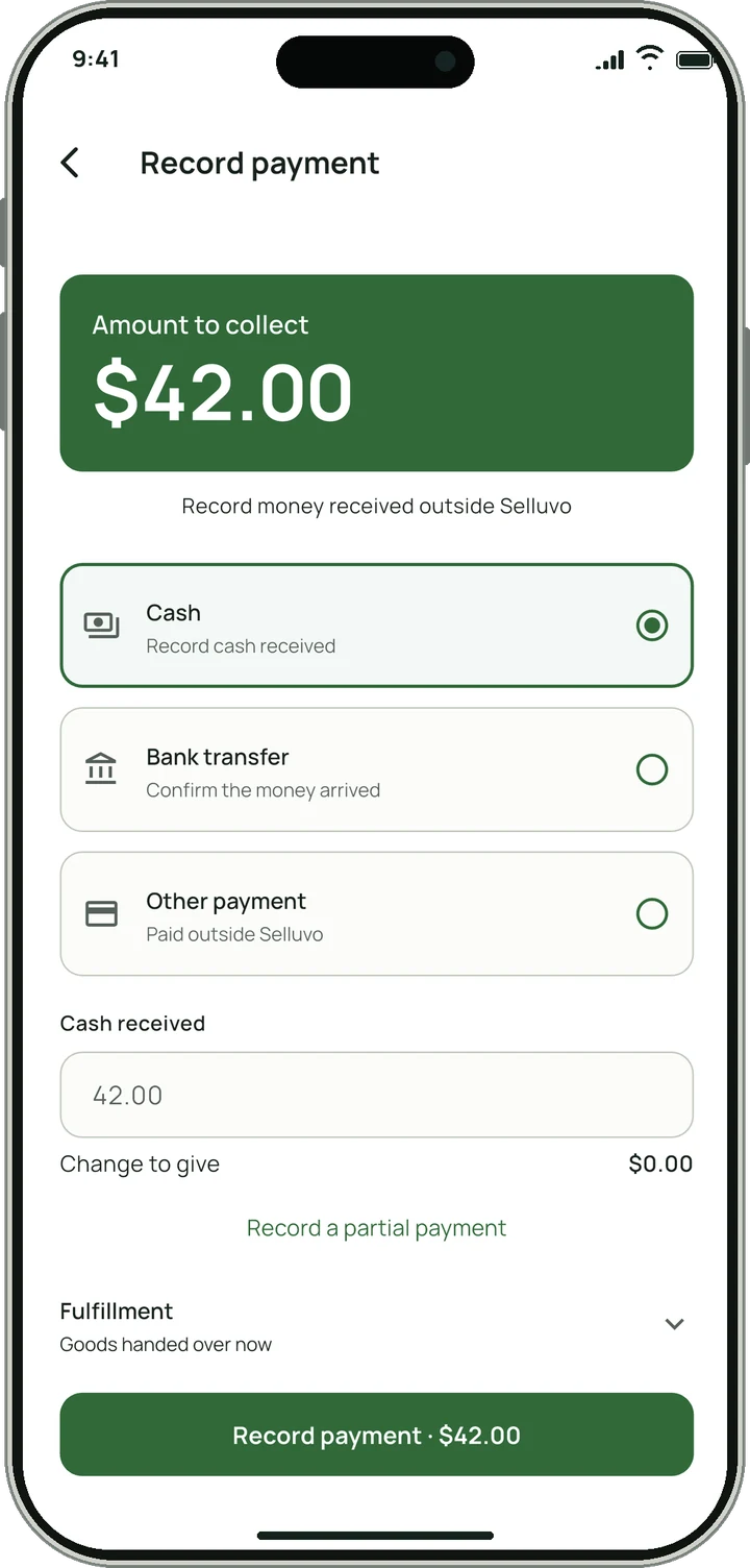 Record payment screen with cash, bank transfer and other payment options.